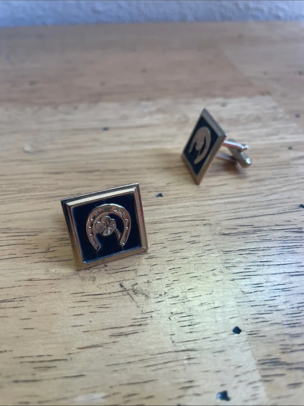 Gold-Tone Black Enamel Horseshoe & Clover Square Cufflinks